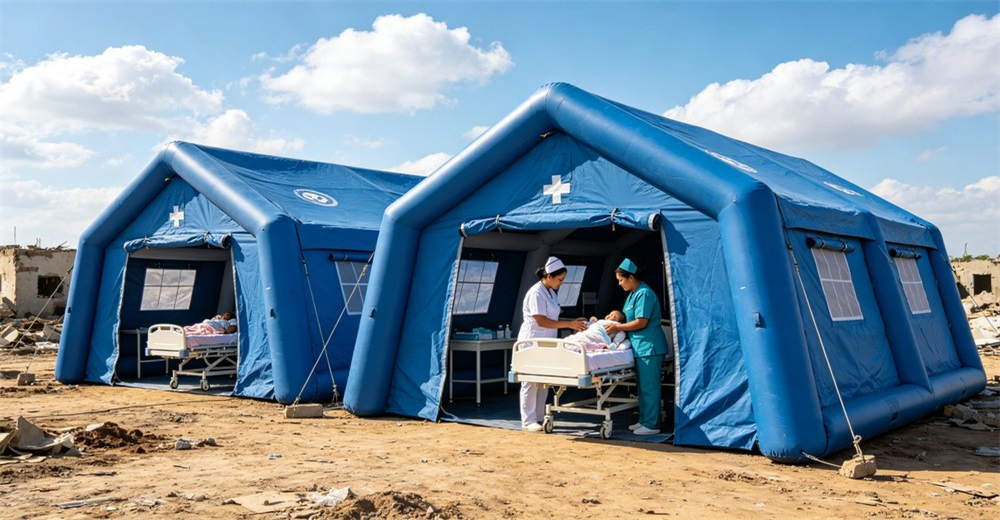 Eye-level of tent lightning protection showing silver grey lightning protection rod installed next to tent. Professional inflatable disaster relief tent manufactured for humanitarian aid and emergency response operations worldwide. Eye-level of tent lightning protection showing silver grey lightning protection rod installed next to tent. Professional inflatable disaster relief tent manufactured for humanitarian aid and emergency response operations worldwide.