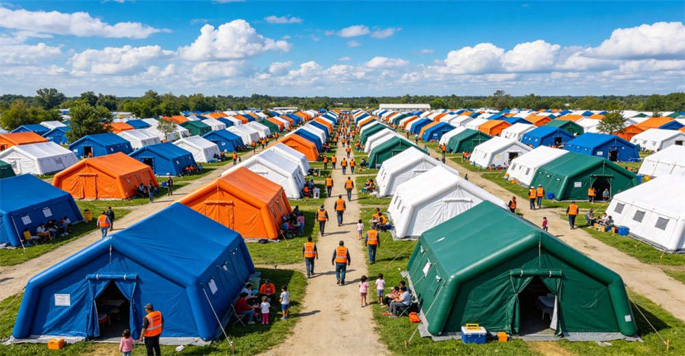 Eye-level of camp evening sunset showing orange purple blue camp at sunset showing tents against colorful evening sky. Professional inflatable disaster relief tent manufactured for humanitarian aid and emergency response operations worldwide. Eye-level of camp evening sunset showing orange purple blue camp at sunset showing tents against colorful evening sky. Professional inflatable disaster relief tent manufactured for humanitarian aid and emergency response operations worldwide.