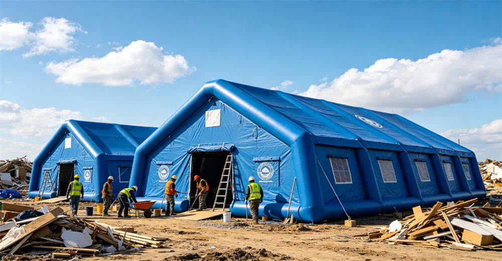 Eye-level of tent sunshade extension showing beige white sunshade canopy extension providing extra shaded area. Professional inflatable disaster relief tent manufactured for humanitarian aid and emergency response operations worldwide. Eye-level of tent sunshade extension showing beige white sunshade canopy extension providing extra shaded area. Professional inflatable disaster relief tent manufactured for humanitarian aid and emergency response operations worldwide.