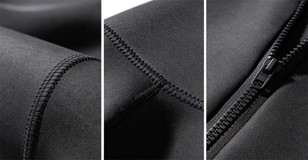 Three-panel close-up showing neoprene rubber texture, sealed seam tape, and waterproof zipper details of professional dry suit and wetsuit. suitable for wholesale buyers and bulk procurement from China supplier