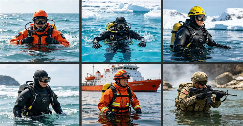 Six-grid collage showing water rescue, commercial diving, cold water exploration, and marine work applications of dry suits and wetsuits. suitable for wholesale buyers and bulk procurement from China supplier