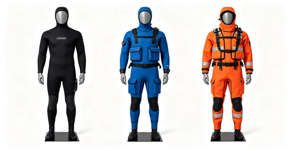 Three types of dry suits displayed side by side on mannequins: entry-level, professional rescue, and commercial diving models for comparison