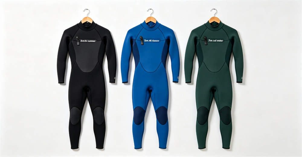 Three neoprene wetsuit thicknesses displayed: 3mm thin summer, 5mm all-season, and 7mm cold water wetsuits with specification labels. with detailed specifications for wholesale bulk order and custom OEM supply Three neoprene wetsuit thicknesses displayed: 3mm thin summer, 5mm all-season, and 7mm cold water wetsuits with specification labels. with detailed specifications for wholesale bulk order and custom OEM supply