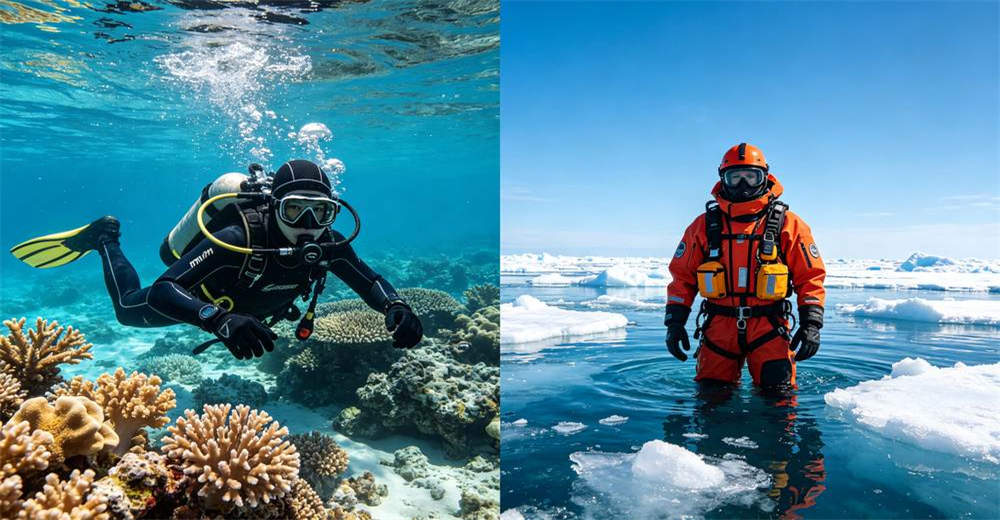 Split scene comparison showing a diver in 3mm wetsuit for warm water and rescue worker in dry suit for cold water temperature selection guide