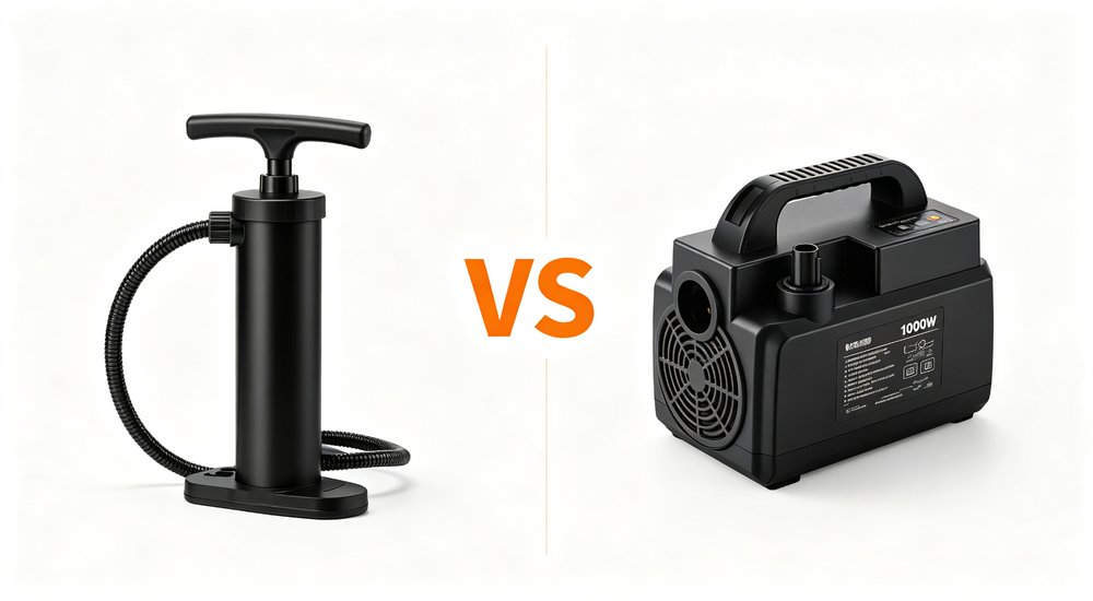Manual pump vs electric pump comparison for decon tent, side by side, product shot red and white inflatable emergency shelter for disaster relief operations