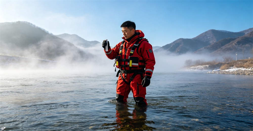 Rescue worker in a red dry suit standing in cold river water demonstrating cold water rescue gear and thermal protection capability