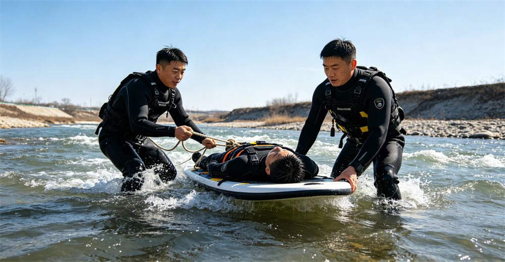 Two rescue workers in black dry suits performing cold water rescue operation in fast-moving river with professional safety equipment. engineered for professional flood rescue and cold water emergency response teams