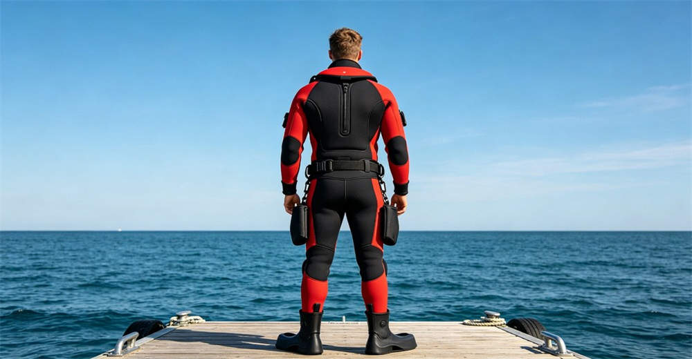 Back view of professional rescue dry suit showing back panel, relief zipper, and adjustable suspender system on dockside. engineered for professional flood rescue and cold water emergency response teams