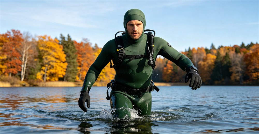 Diver wearing 7mm cold water neoprene wetsuit in dark green color entering cold lake for deep water exploration and training