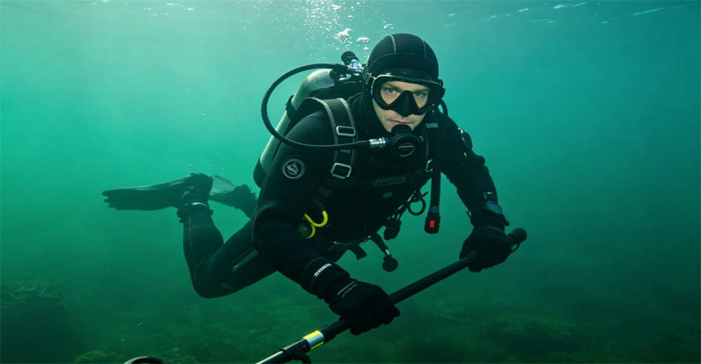 Search and recovery diver in full-body black diving suit with metal detector conducting underwater search operation in murky water. built for commercial underwater work and professional diving operations Search and recovery diver in full-body black diving suit with metal detector conducting underwater search operation in murky water. built for commercial underwater work and professional diving operations