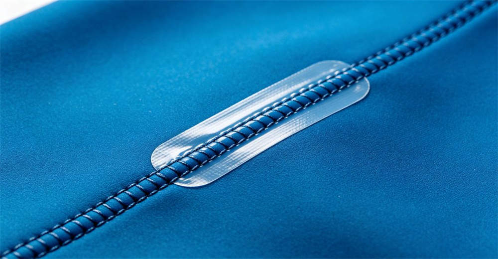 Close-up of sealed seam construction on blue dry suit showing heat-applied waterproof tape over stitched seam for complete water barrier