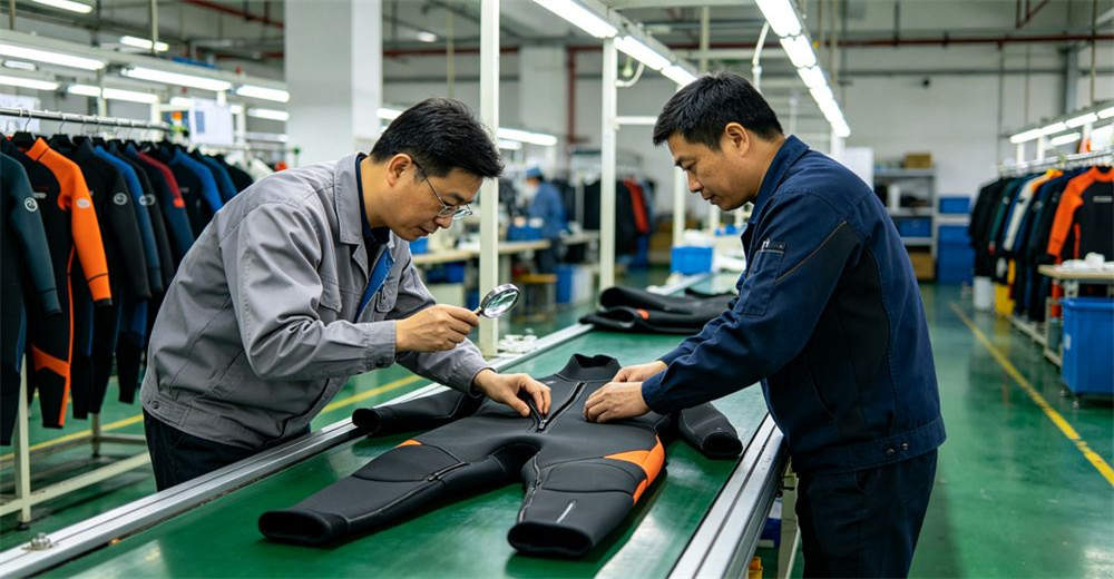 Two Asian quality control workers inspecting dry suits on production line checking seams, zippers, and material integrity before shipment. demonstrating quality control and compliance with international safety standards Two Asian quality control workers inspecting dry suits on production line checking seams, zippers, and material integrity before shipment. demonstrating quality control and compliance with international safety standards