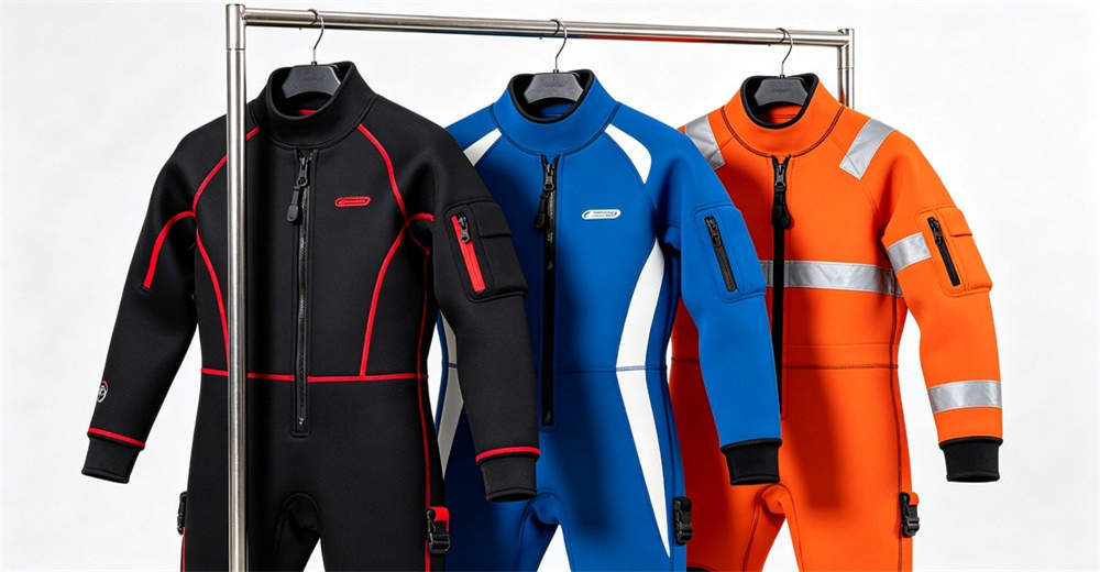 Customized dry suits with different color combinations and logo placements showing OEM and ODM customization options for bulk orders. supporting OEM and ODM requirements for brand owners and wholesale distributors