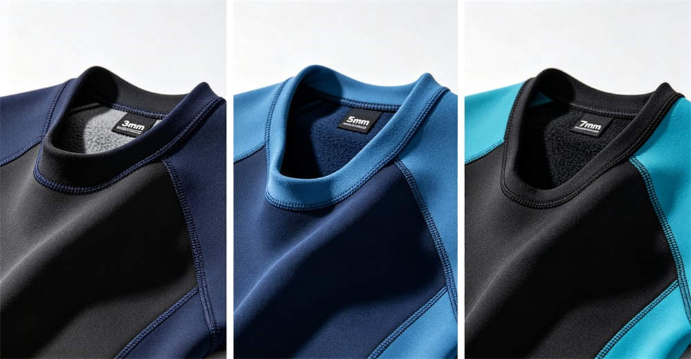 Three thermal undergarments of different thicknesses displayed side by side showing lightweight, midweight, and heavyweight options for dry suit. essential for maintaining body temperature during extended cold water exposure Three thermal undergarments of different thicknesses displayed side by side showing lightweight, midweight, and heavyweight options for dry suit. essential for maintaining body temperature during extended cold water exposure