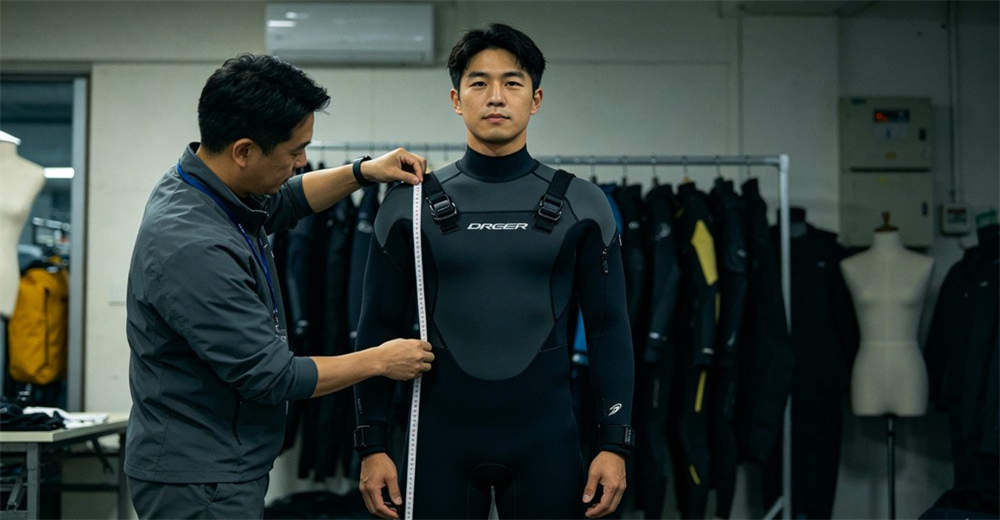 Person being measured for dry suit sizing with tape measure showing chest, waist, inseam, and height measurement points for proper fit Person being measured for dry suit sizing with tape measure showing chest, waist, inseam, and height measurement points for proper fit