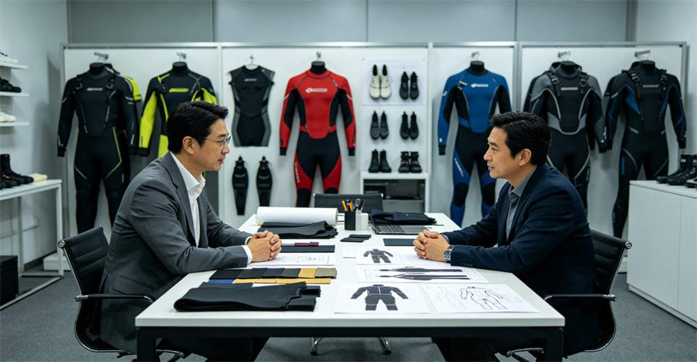 Designer and client reviewing dry suit customization options including color swatches, logo placement, and material samples at meeting table. supporting OEM and ODM requirements for brand owners and wholesale distributors Designer and client reviewing dry suit customization options including color swatches, logo placement, and material samples at meeting table. supporting OEM and ODM requirements for brand owners and wholesale distributors