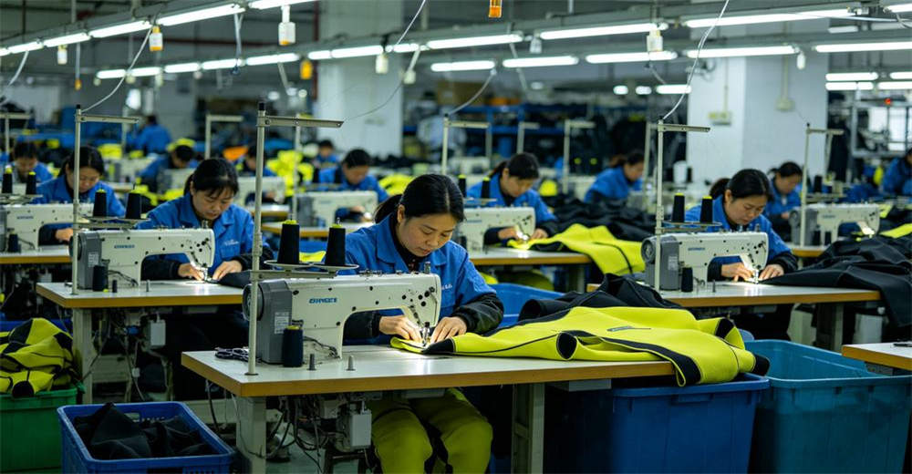 Production line with workers assembling dry suits showing quality control process, seam sealing, and final inspection before packaging. demonstrating quality control and compliance with international safety standards Production line with workers assembling dry suits showing quality control process, seam sealing, and final inspection before packaging. demonstrating quality control and compliance with international safety standards