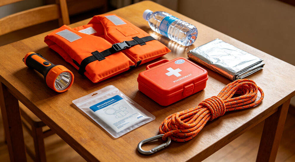 Bulk flood emergency kit supplies laid out on a wooden table including flashlight, life jacket, first aid kit, water and rescue rope