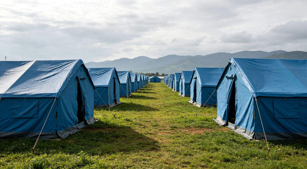 Rows of blue emergency relief tents set up on grass for displaced flood victims