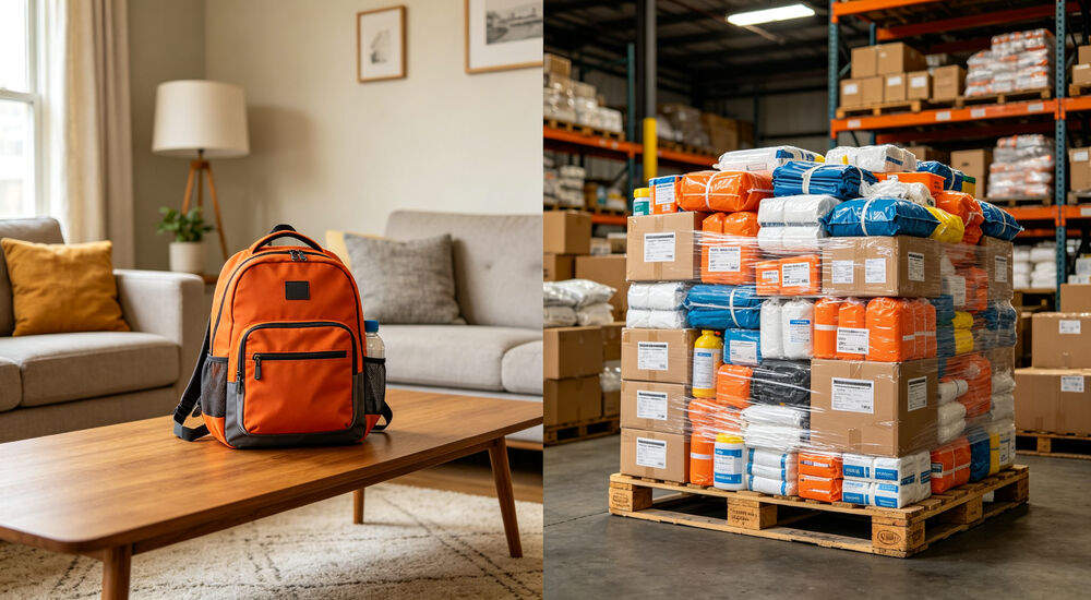 Comparison of small family emergency backpack versus large pallet of bulk disaster relief supplies