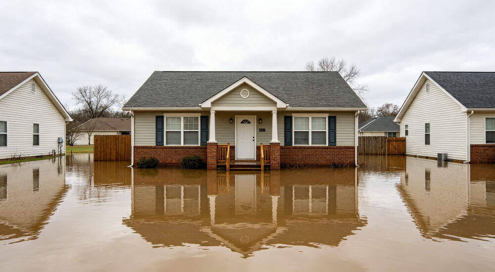 American suburban house flooded with first floor underwater after flash flood event