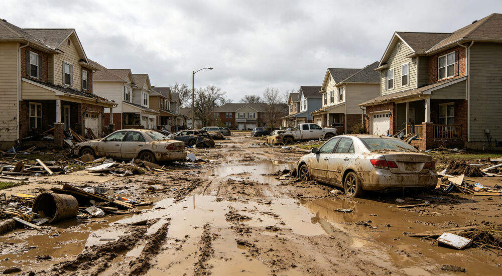 Flood receded residential street covered in mud and debris with damaged cars