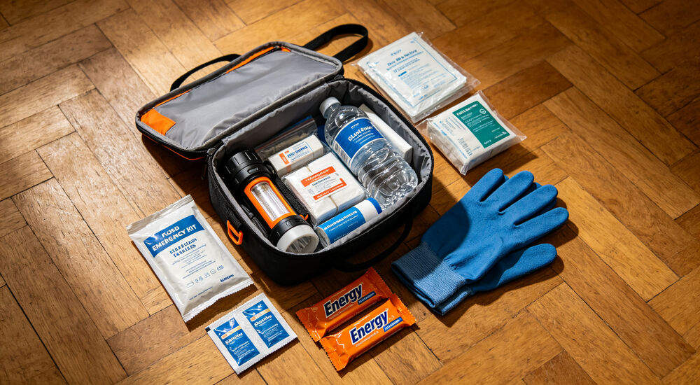 Open flood emergency kit laid out on wooden floor showing all essential supplies