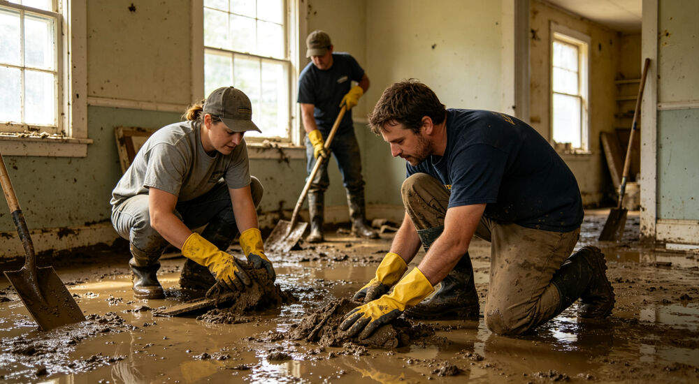 Volunteers cleaning mud and debris from a flooded house interior after storm