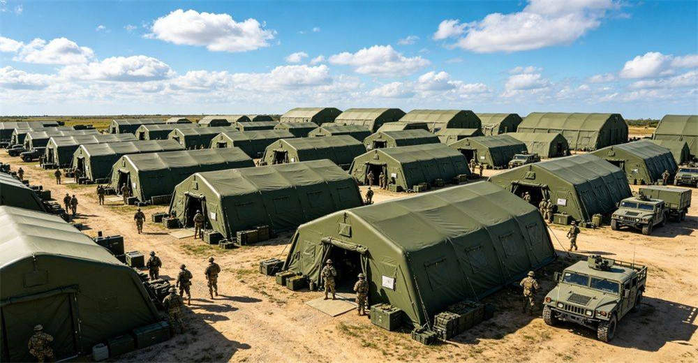 Aerial 45-degree view of a complete military field camp with multiple inflatable tents arranged in tactical formation, showing command post, logistics area and personnel activity zones in operational environment