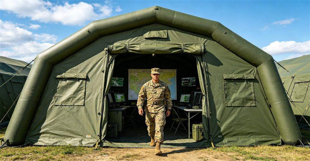 Front eye-level close-up of a military command post inflatable tent with entrance open, showing rugged olive green PVC exterior, reinforced door frame and tactical deployment setup ready for field operations