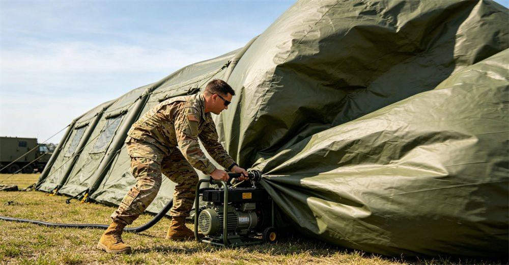 Side 45-degree view of soldiers rapidly deploying and inflating a military tent with electric pump, demonstrating quick setup capability, teamwork and efficient field deployment process in operational conditions