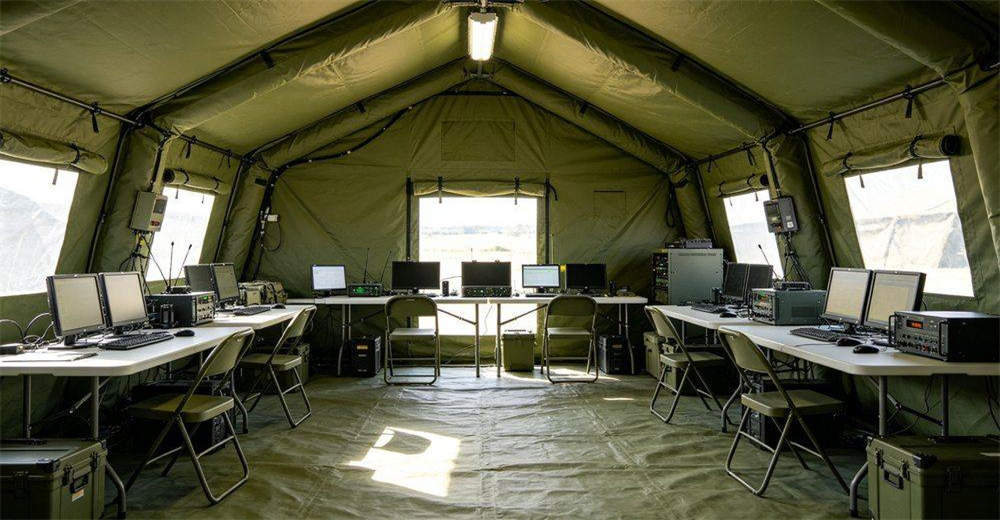 Interior view of a military command center inside an inflatable tent, showing spacious layout with communication equipment, tactical tables, lighting system and personnel coordinating field operations efficiently