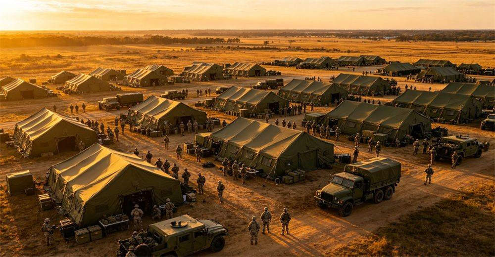 Aerial overhead view of a complete military field camp at dusk with warm golden lighting, showing multiple inflatable tents, vehicle parking, perimeter security and organized tactical layout in field environment