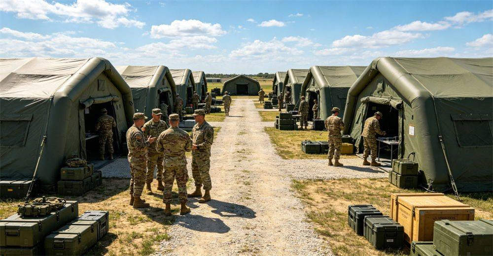 Birds-eye view illustration of military field camp planning capability, showing optimal tent placement, traffic flow, security perimeter and functional zoning for efficient tactical operations in various terrain conditions