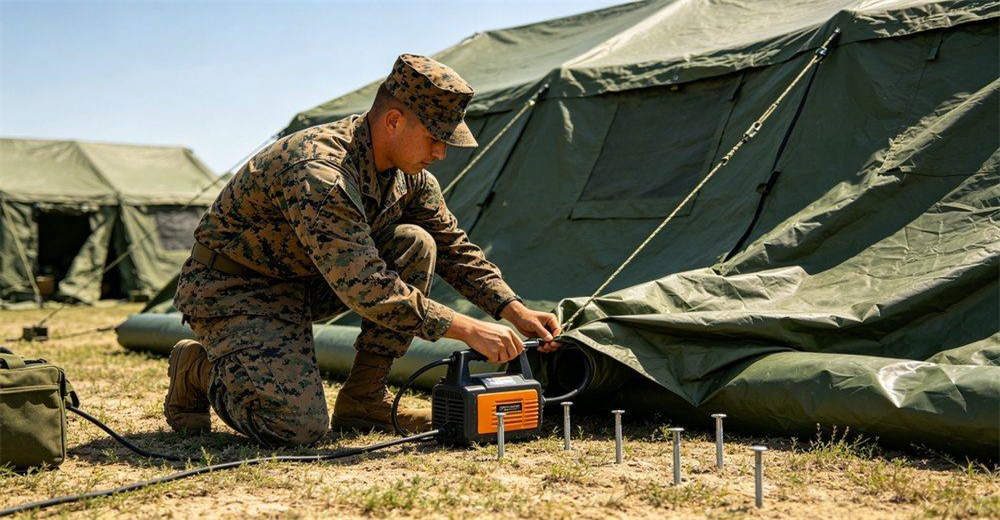 Overview of 30-second rapid deployment process for military inflatable tent, showing unpacking, positioning, electric inflation and final setup sequence, demonstrating ultra-fast field deployment capability for emergency operations