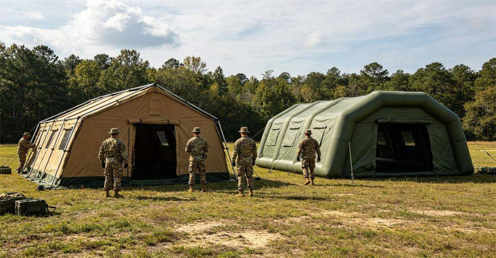Timeline display showing complete military tent deployment process from folded storage to fully inflated operational state, with each step clearly illustrated including unpacking, inflation, securing and final inspection
