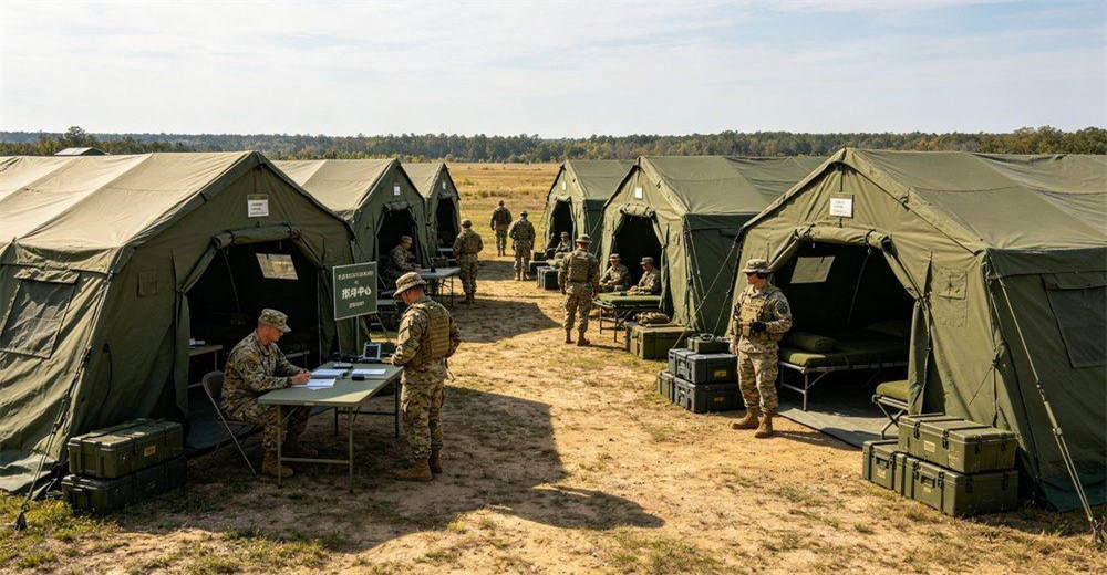 Tactical camp layout planning showing organized arrangement of command post, living quarters, logistics area, medical station and vehicle parking, with clear traffic flow and security perimeter for efficient field operations