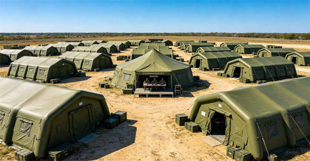 Command tent positioned centrally in tactical camp layout, surrounded by support tents and security perimeter, showing optimal command post placement for efficient communication, coordination and control of field operations