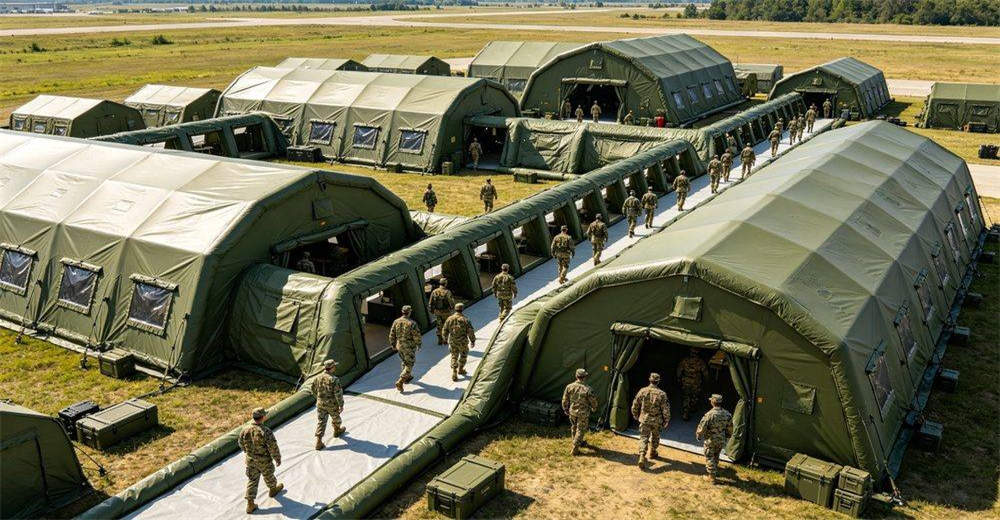 Connecting corridor between multiple military inflatable tents, showing modular connection design with sealed joints, weatherproof sealing and easy assembly, enabling rapid expansion of field shelter capacity in operations