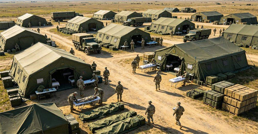 Military camp showing functional zoning with separate areas for command, logistics, medical treatment, living quarters and equipment storage, demonstrating organized layout for efficient field operations and personnel support