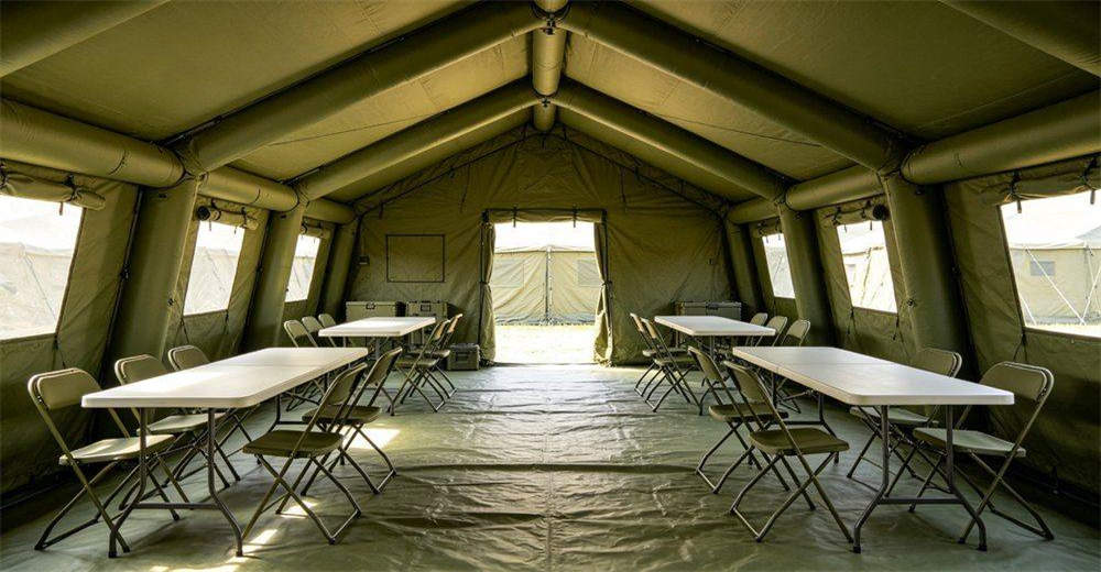 Real interior view of military inflatable tent showing spacious and bright internal space with adequate headroom, natural lighting from windows, organized layout and comfortable environment for command operations and personnel rest