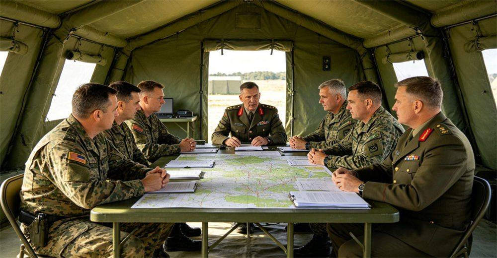 Military officers conducting command meeting inside inflatable tent, showing discussion around tactical table with communication equipment, laptops and operational maps, demonstrating efficient field command and coordination capability