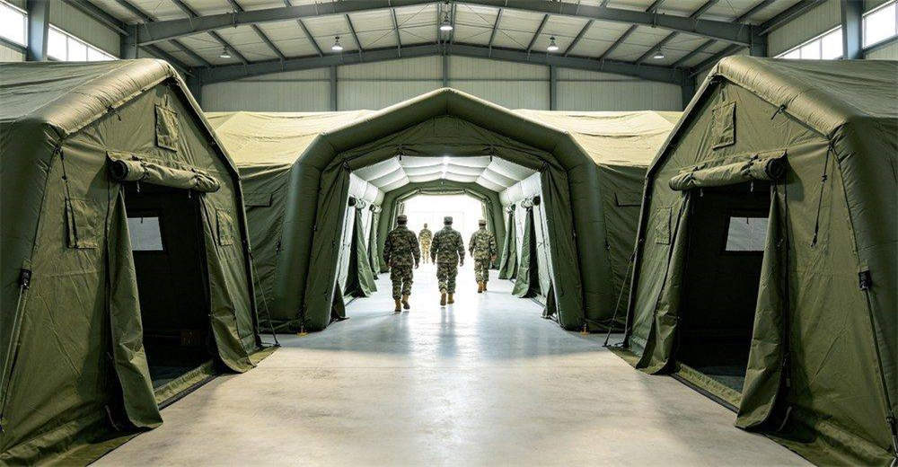 Interior view of connecting corridor between military inflatable tents, showing personnel walking through spacious passage with sealed connections, demonstrating modular camp connectivity and efficient movement between functional areas