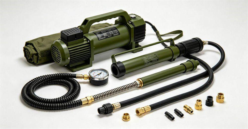 Display of inflation pump accessories including electric high-pressure pump, manual backup pump, pressure gauge, hoses and connectors, showing complete inflation system for reliable military tent deployment in various field conditions