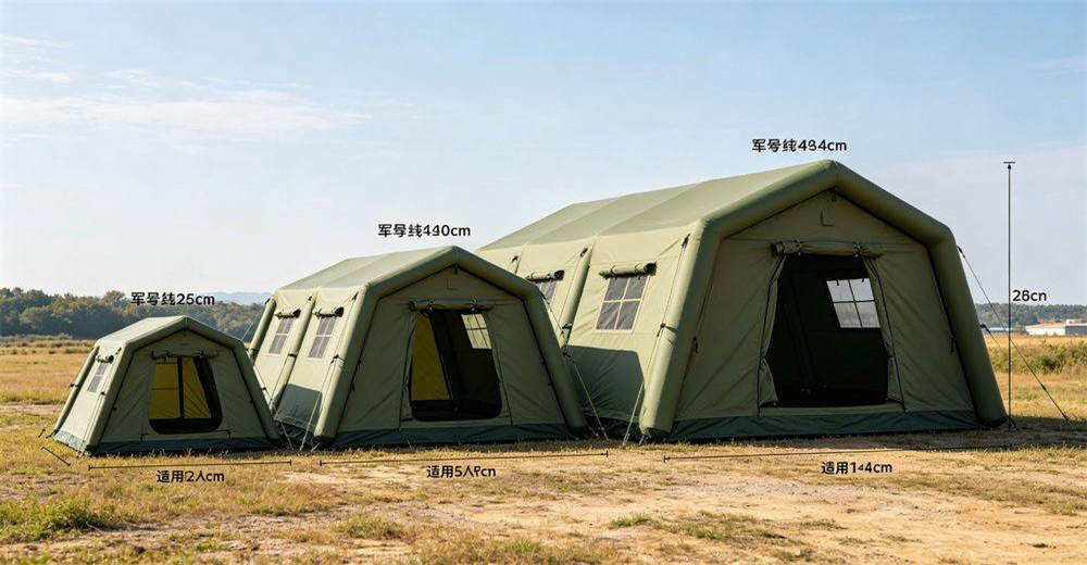 Ground stake and rope securing system for military inflatable tent, showing heavy-duty steel stakes, durable nylon ropes, tension adjusters and reinforced attachment points, demonstrating reliable wind resistance and field stability