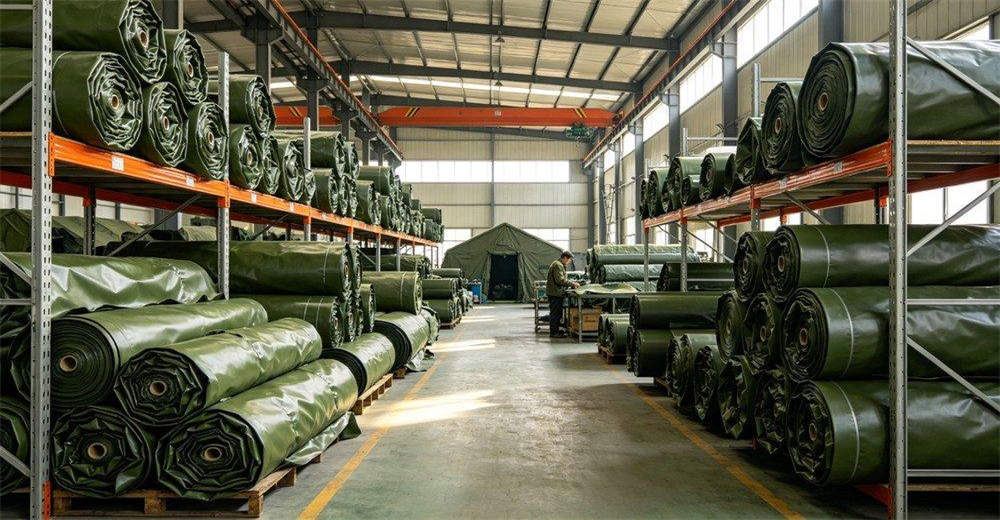 Factory raw material warehouse showing organized rolls of military-grade olive green PVC fabric, quality inspection labels and inventory management, demonstrating reliable material sourcing for manufacturing high-performance field shelter products
