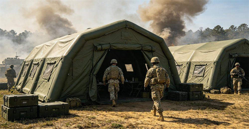 Tent repair kit display showing PVC repair patches, adhesive, cleaning cloth, scissors and application tools, demonstrating complete field maintenance solution for quick repairs of military inflatable tents during operational deployment