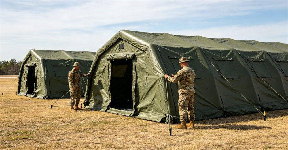 Close-up of military tent window with insect screen, showing transparent PVC window panel, fine mesh screen, zippered closure and ventilation design, demonstrating comfortable interior environment and field usability in operations