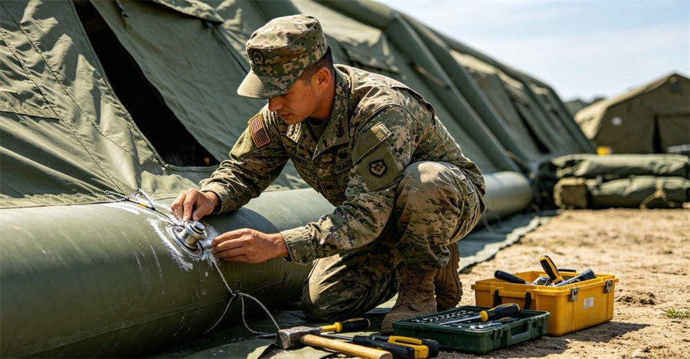 Technical specifications display for military inflatable tent showing dimension annotations, capacity ratings, material specifications and performance parameters, demonstrating comprehensive product data for informed procurement and field deployment decisions