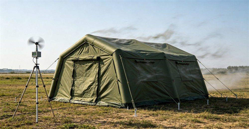 Wind resistance performance test of military inflatable tent in strong wind environment, showing tent maintaining structural stability with secured ground stakes and tensioned ropes, demonstrating reliable field performance in adverse weather conditions